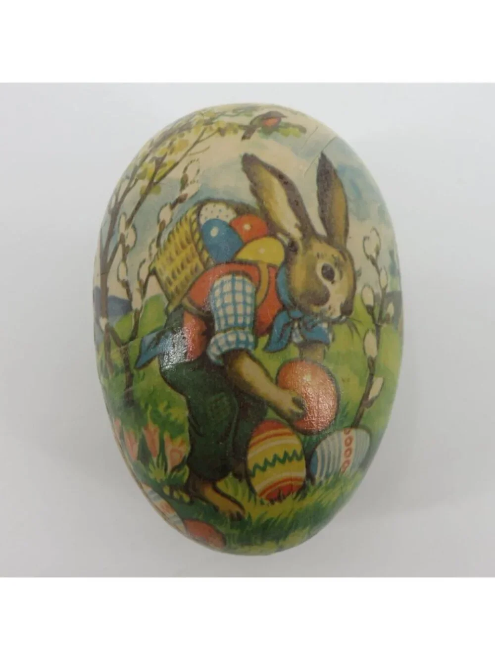 Antique German Easter Bunny Paper Mache Egg Candy Container 3.5in Germany Rabbit